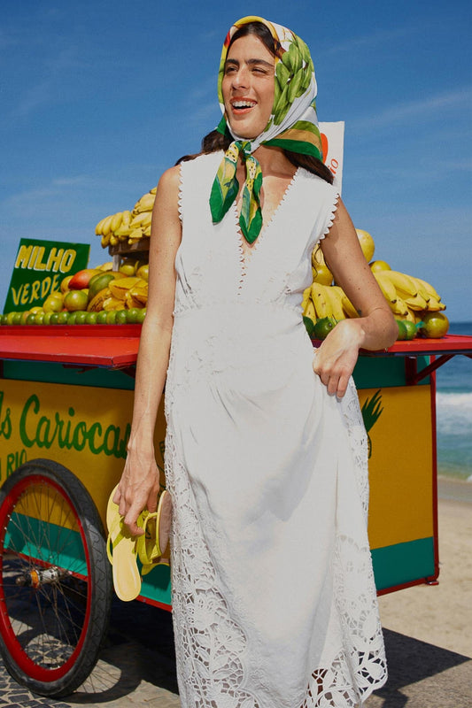 FARM Rio Shop Off-White Richelieu V Neck Sleeveless Midi Dress
