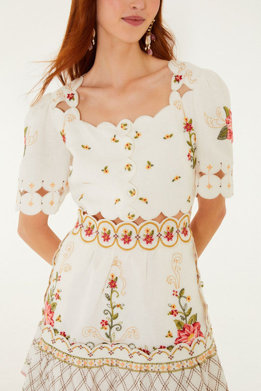 FARM Rio Shop Off-White Flower Embroidery Scalloped Mini Dress
