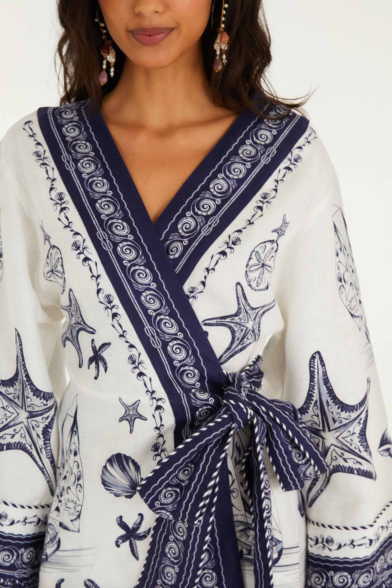 FARM Rio Shop Off-White Coast Scarf Euroflax Premium Linen Mini Dress