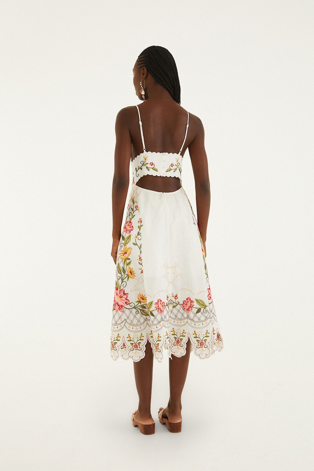 FARM Rio Shop Off-White Flower Embroidery Asymetric Hem Midi Dress