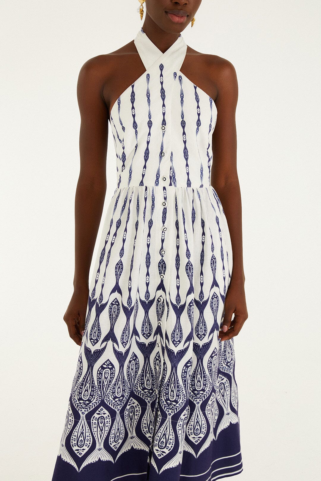 FARM Rio Shop Off-White Fishes Flow Halter Neck Lenzing Ecovero Euroflax Midi Dress