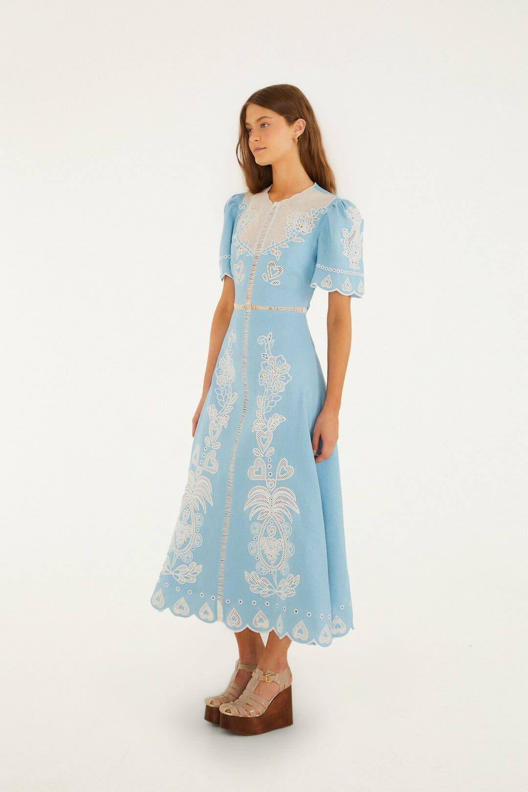 FARM Rio Shop Light Blue Embroidered Euroflax Premium Linene Midi Dress