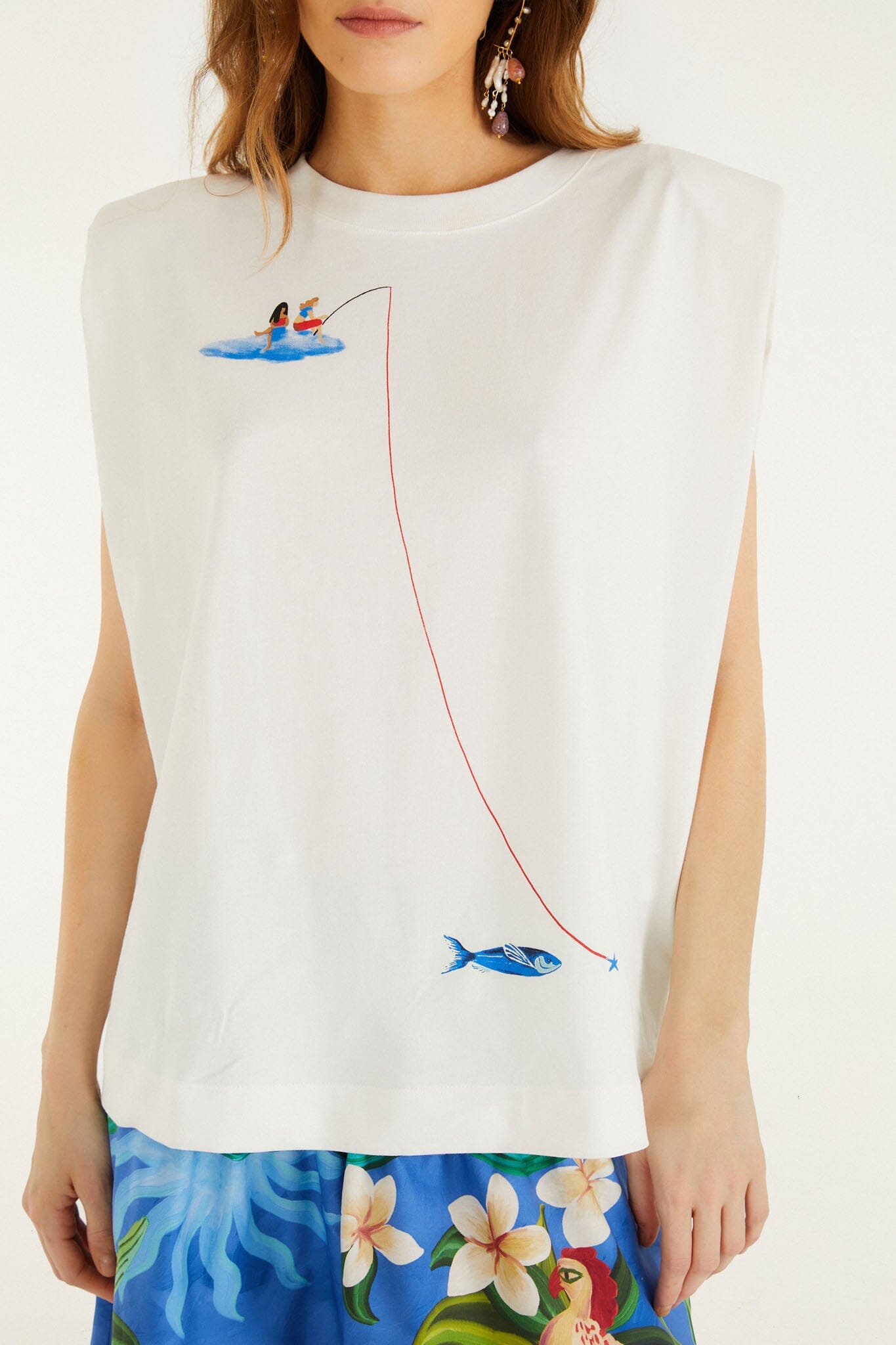 FARM Rio Shop Off-White Fishing Dreams Padded Shoulder T-Shirt