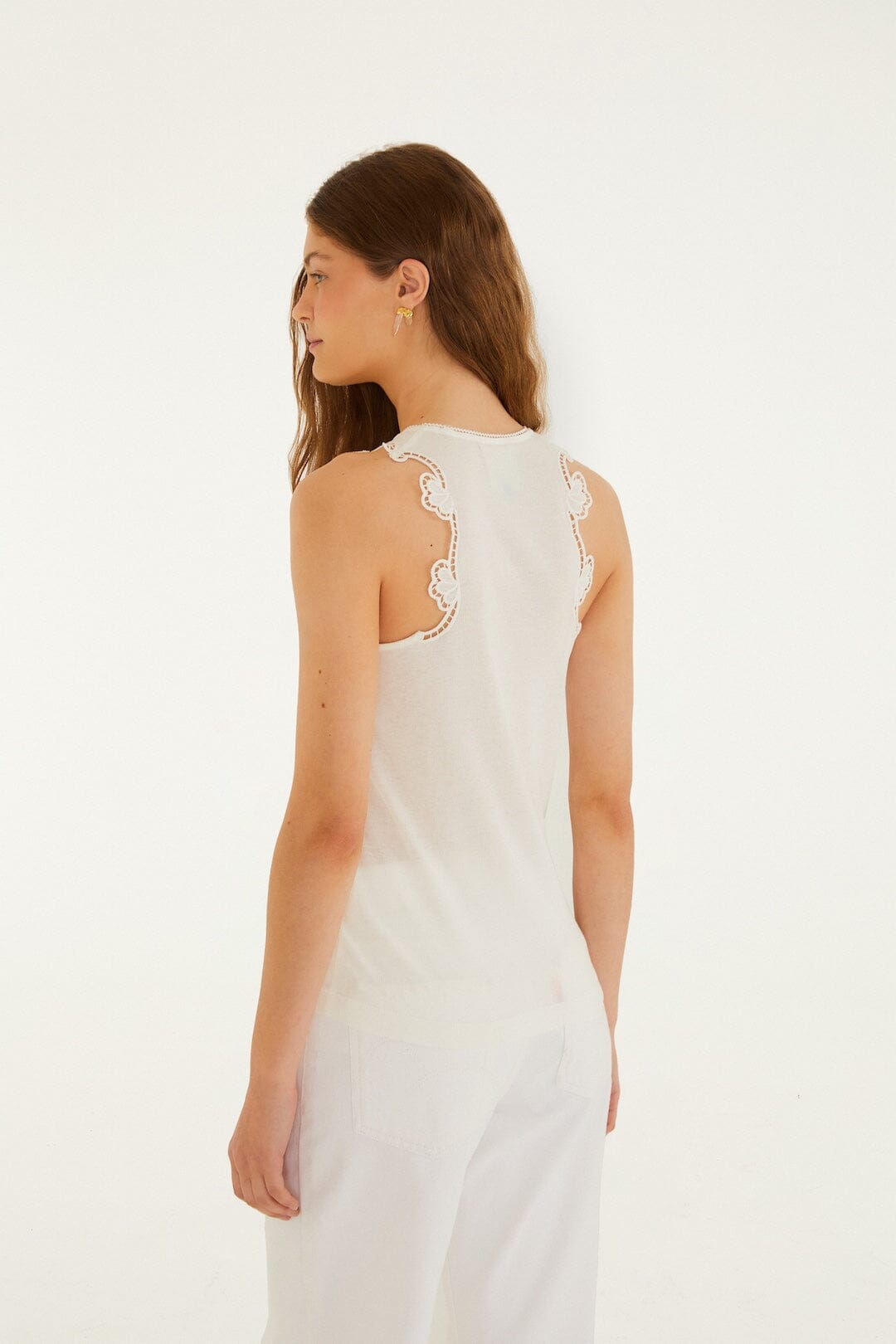 FARM Rio Shop Off-White Lace Sleeveless Organic Cotton Blouse