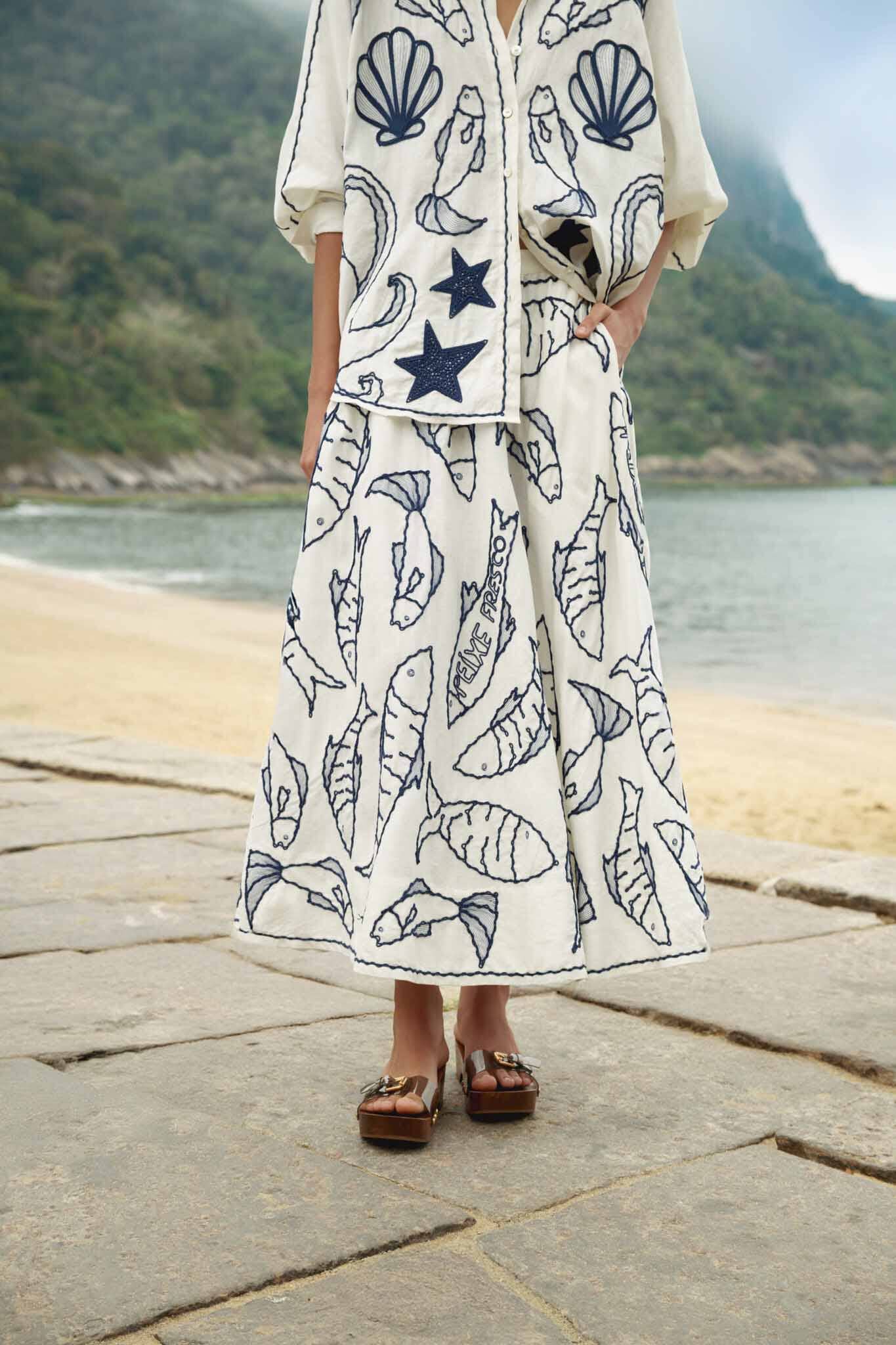 FARM Rio Shop Off-White Fresh Fish Embroidered Midi Skirt