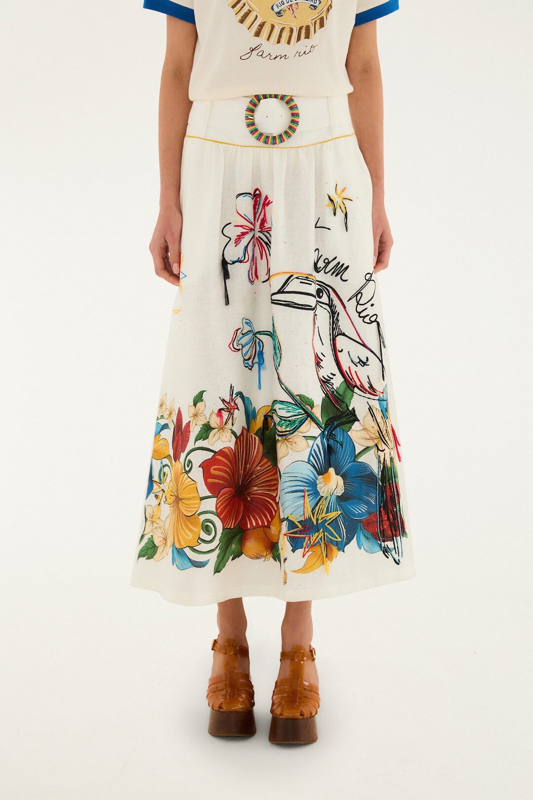 FARM Rio Shop Off-White Tropi Embroidered Euroflax Premium Linen Maxi Skirt