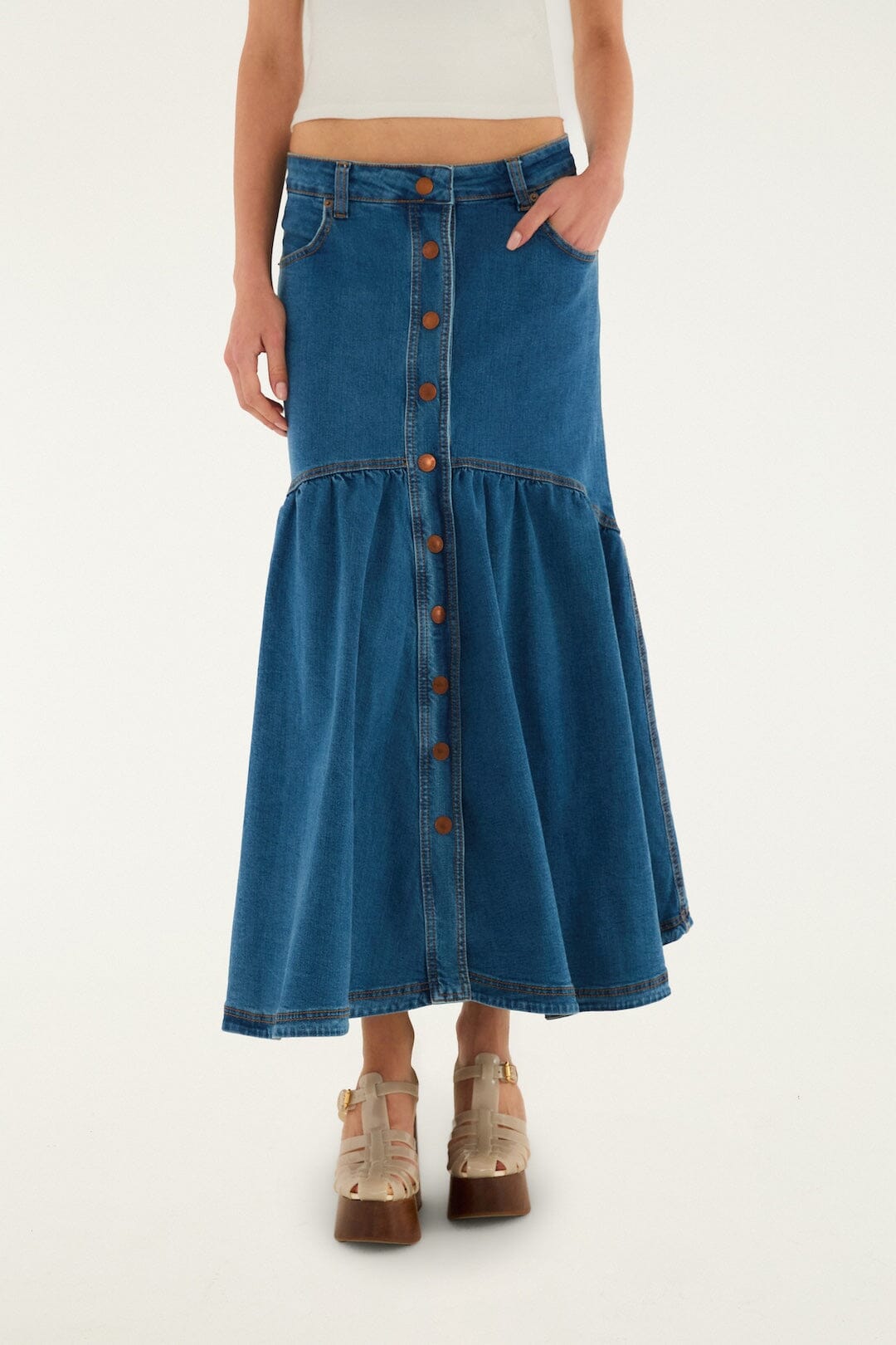 FARM Rio Shop Panelled Denim Long Skirt