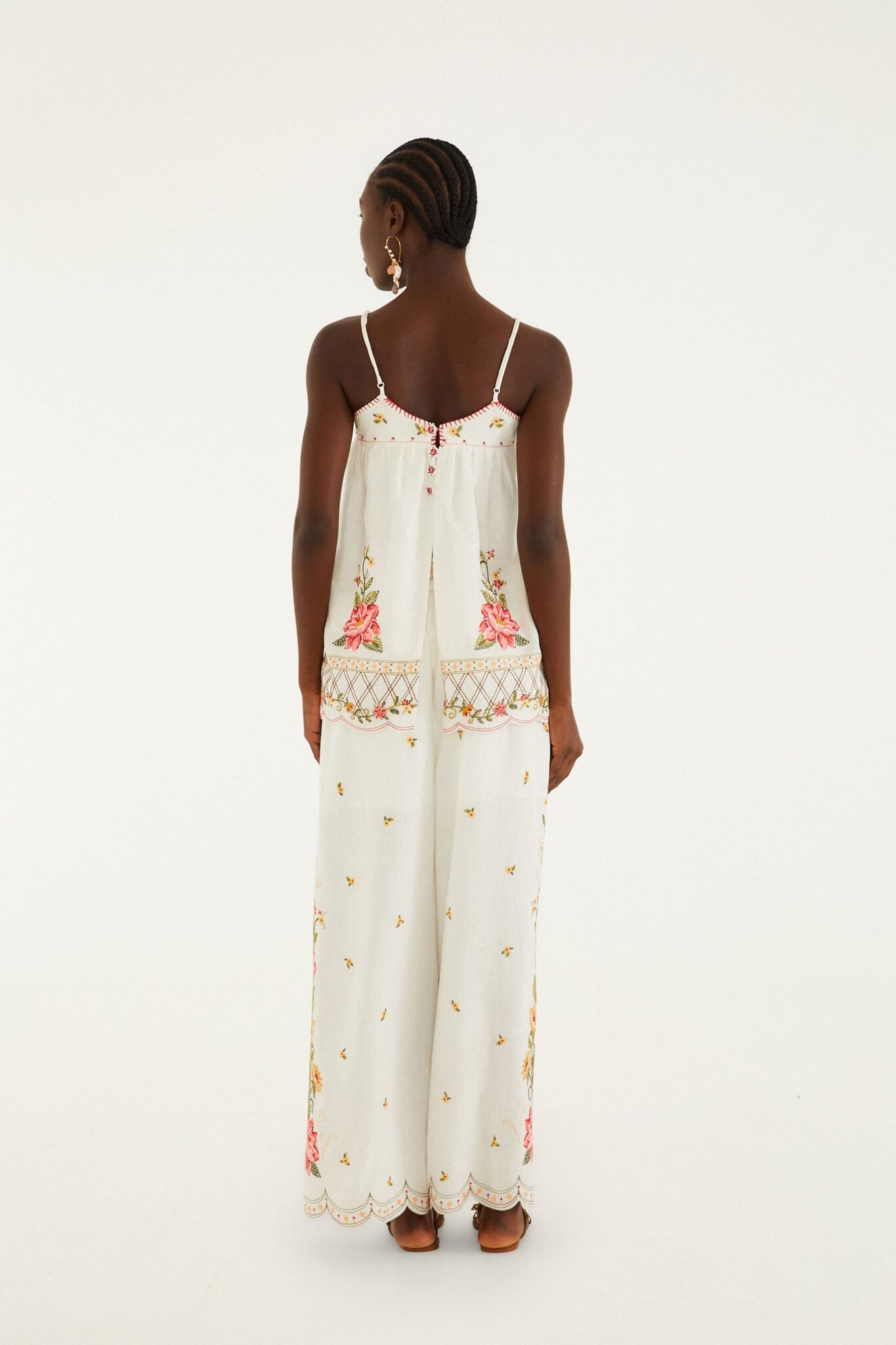 FARM Rio Shop Off-White Flower Embroidery Wide-Leg Pants