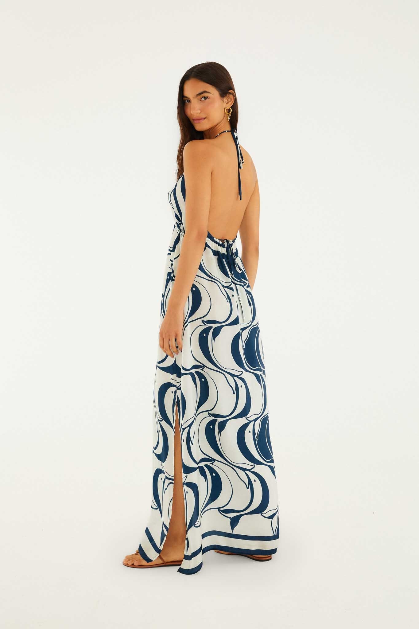FARM Rio Shop Blue Plunging Neck Maxi Dress