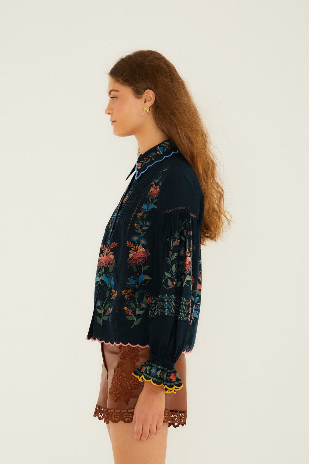 FARM Rio Shop Navy Blue Stitched Garden Wavy Hem Blouse