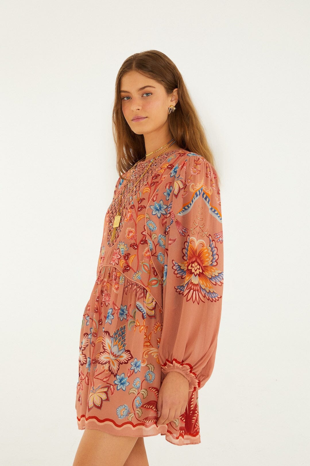 FARM Rio Shop Mocha Boho Enhance Lace Long Sleeve Mini Dress
