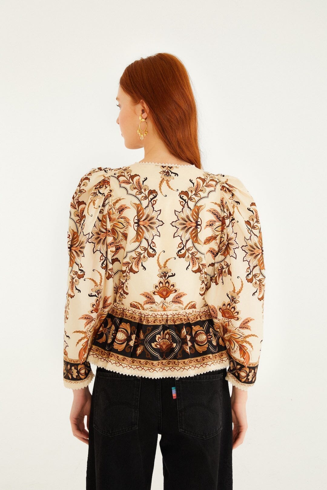 FARM Rio Sale Sand Majestic Garden Lace Puff Sleeve Organic Cotton Blouse