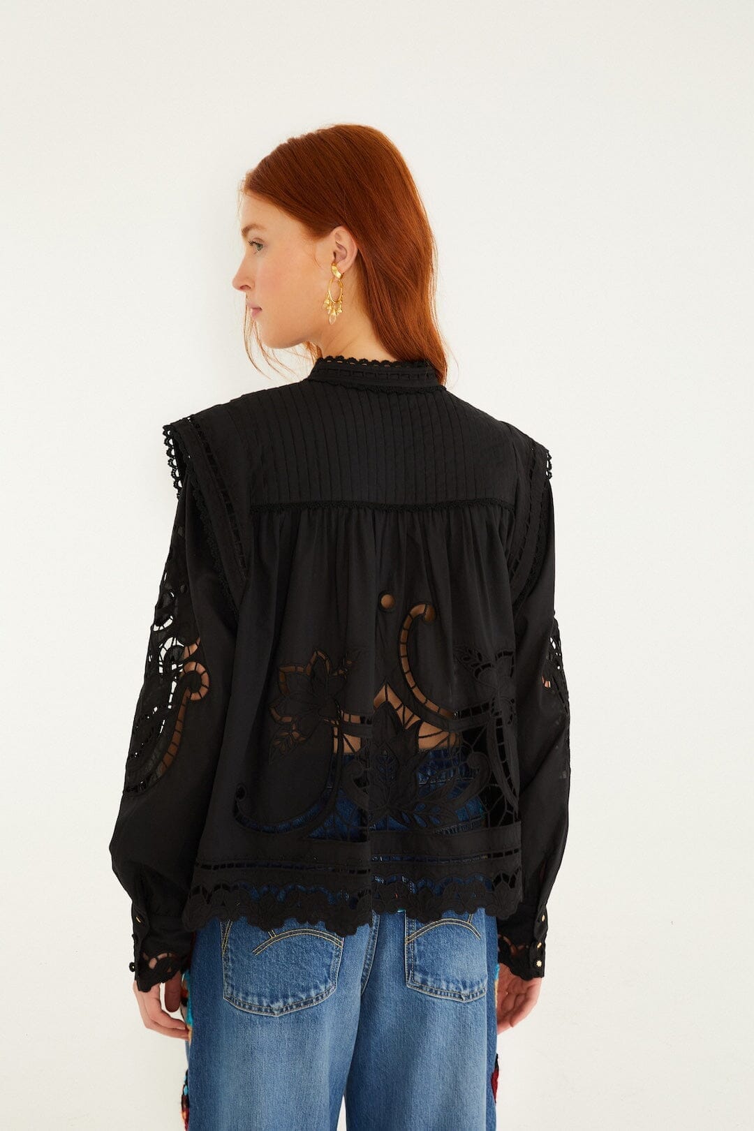 FARM Rio Sale Black Richelieu Puff Sleeve Organic Cotton Blouse