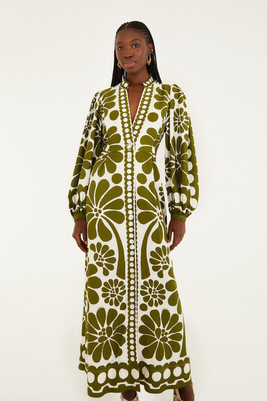 FARM Rio Sale Dresses Green Palermo Buttoned Puff Sleeve Maxi Dress