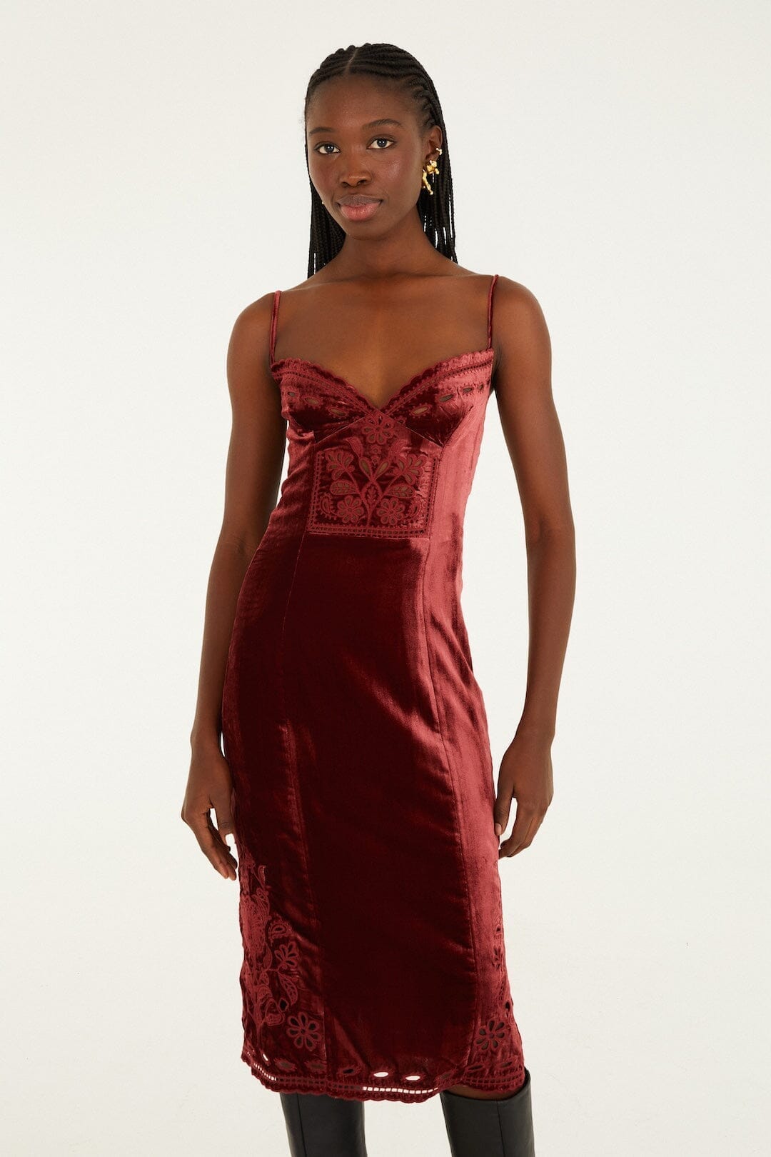 FARM Rio Sale Dresses Burgundy Cut-Out Flowers Sleeveless Midi Dress