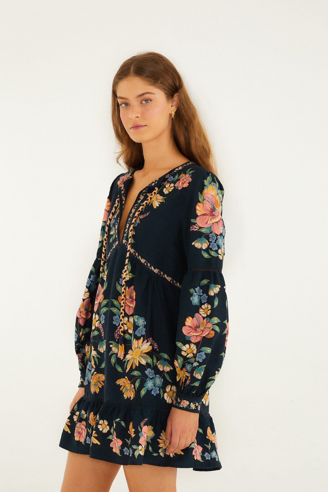 FARM Rio Shop Dark Blue Maira Floral Lenzing Ecovero Euroflax Mini Dress