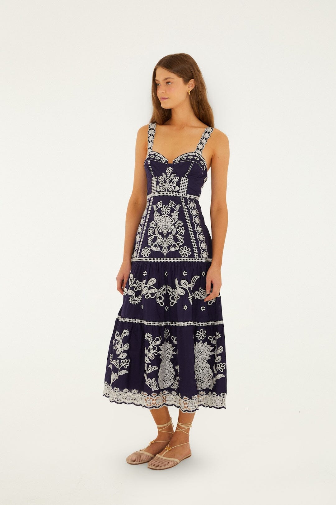 FARM Rio Shop Blue Richelieu Embroidered Organic Cotton Midi Dress