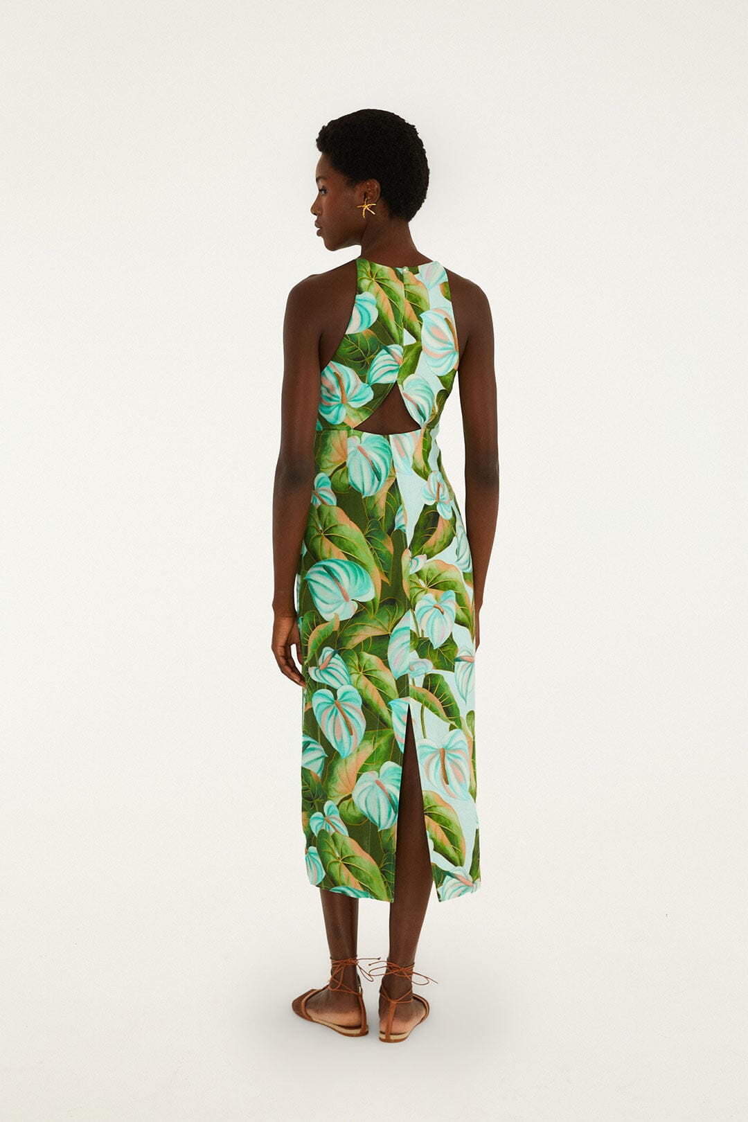 FARM Rio Shop Green Anthurium Leaves Cut-Out Euroflax Premium Linen Midi Dress