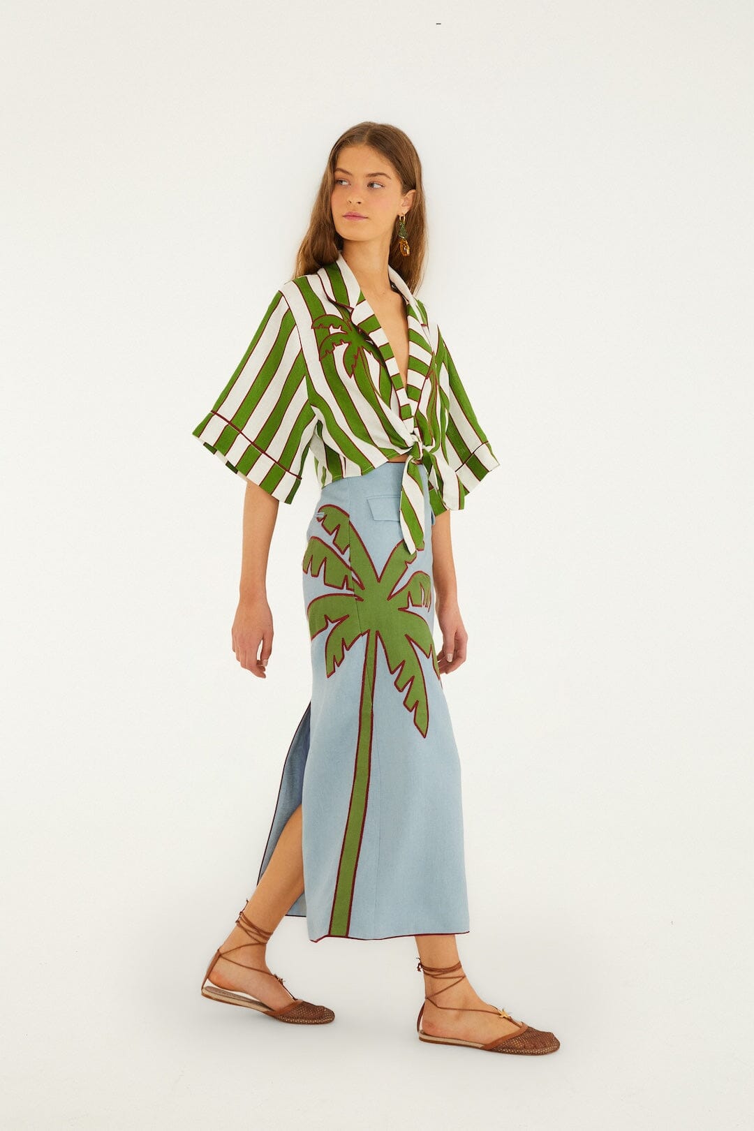 FARM Rio Shop Blue Embroidered Palm Tree Euroflax Premium Linen Maxi Skirt