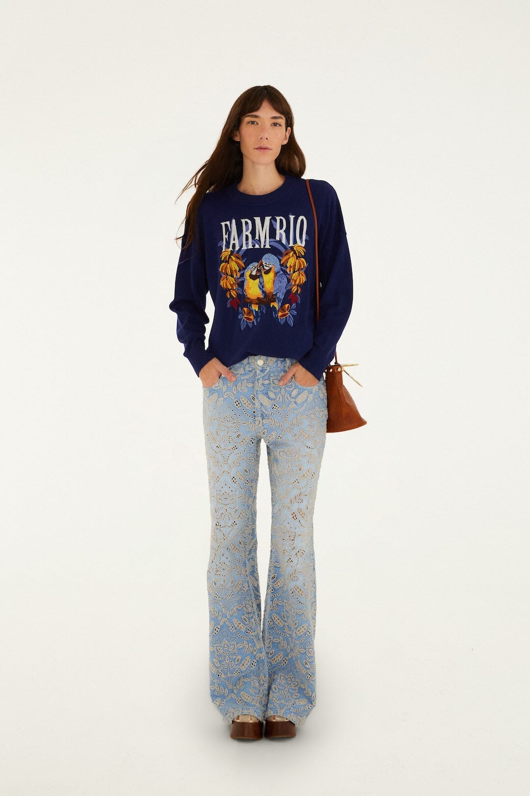 FARM Rio Shop Dark Blue Love Birds Embroidered Sweater