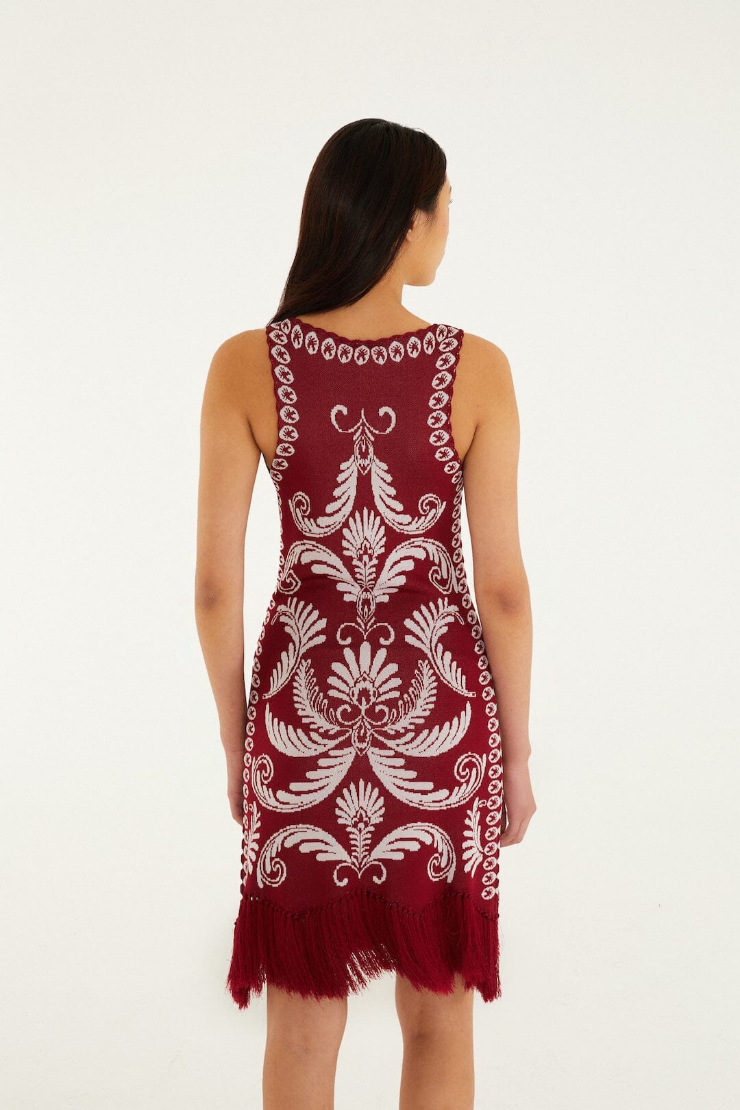 FARM Rio Shop Burgundy Garden Tapestry Fringe Knit Dress