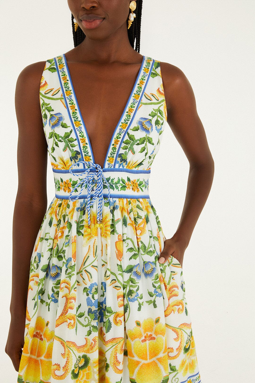 FARM Rio Shop Off-White Emily Floral Tapestry Rope Ties Midi Dress