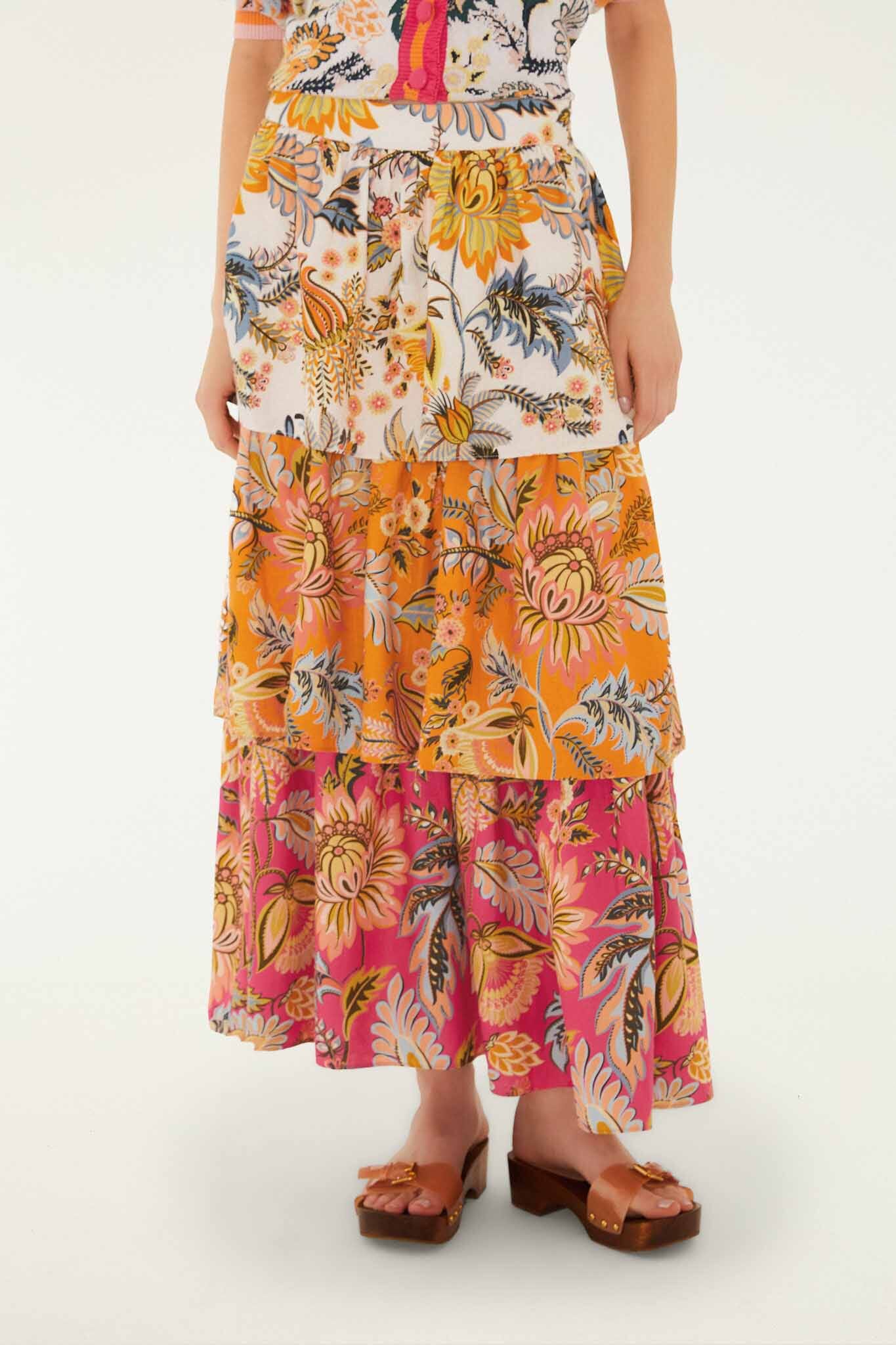FARM Rio Shop Multicolor Ligia Floral Mix Layered Lenzing Ecovero Euroflax Midi Skirt