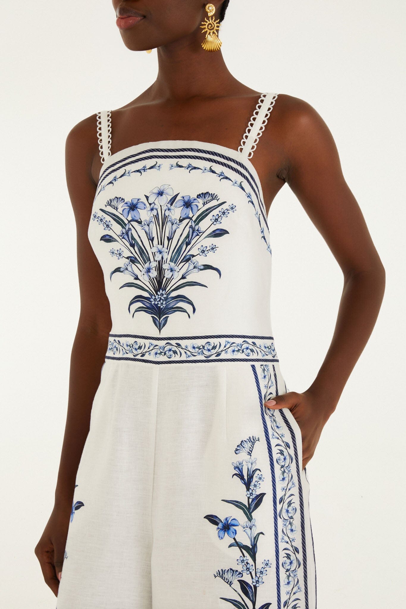 FARM Rio Shop Off-White Flowers Arch Euroflax Premium Linen Maxi Jumpsuit