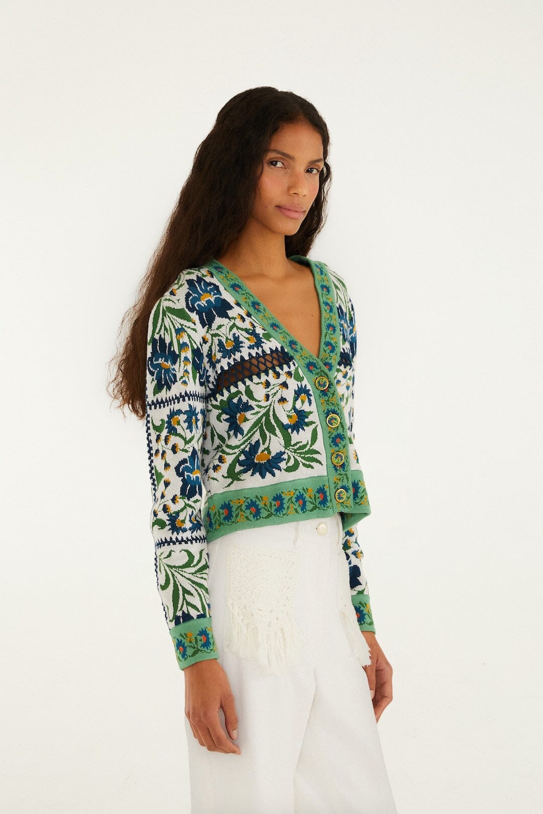 FARM Rio Shop Off-White Manoela Buttoned Knit Cardigan