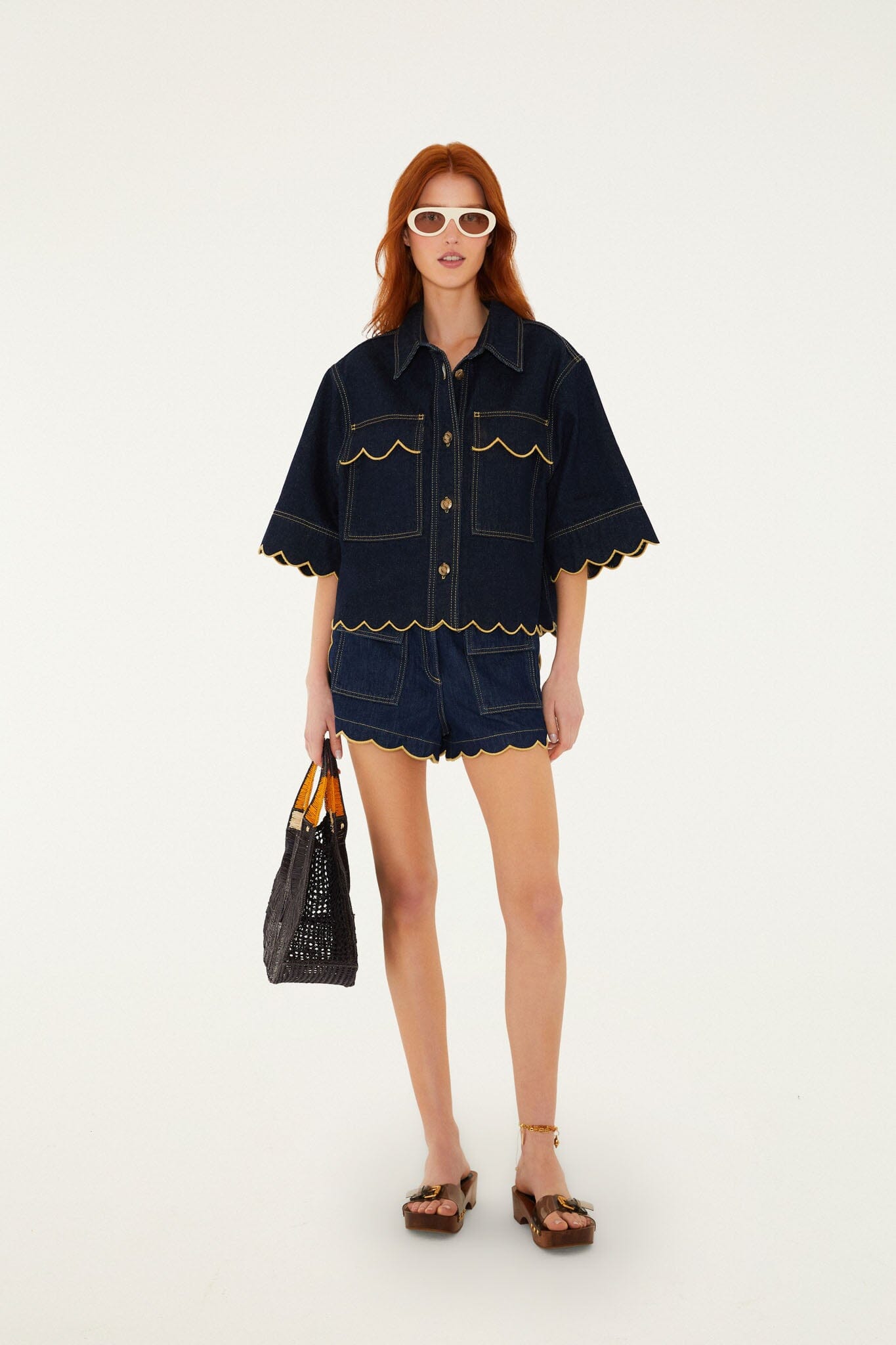 FARM Rio Shop Dark Denim Wavy Hem Short Sleeve Shirt