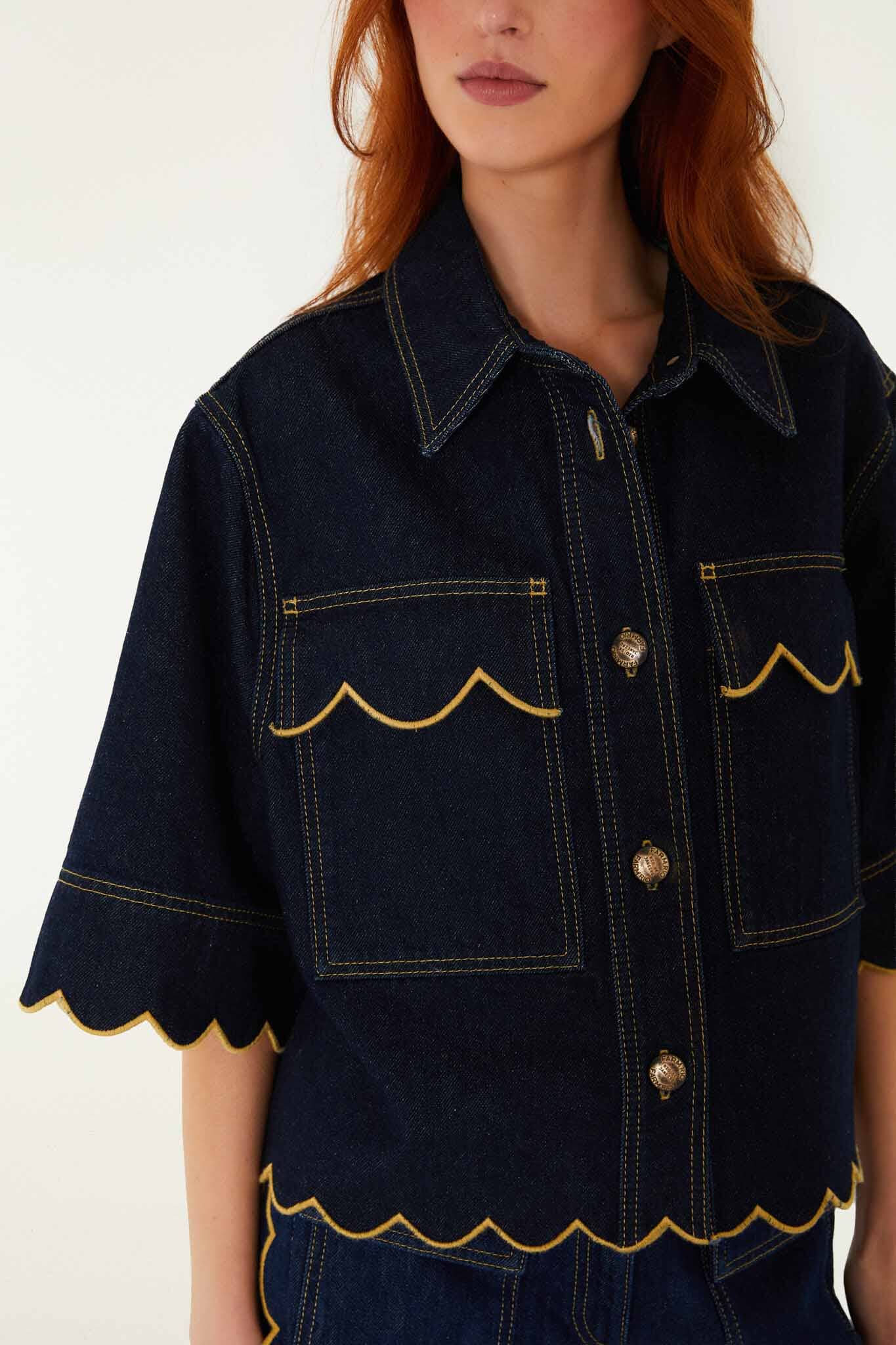 FARM Rio Shop Dark Denim Wavy Hem Short Sleeve Shirt