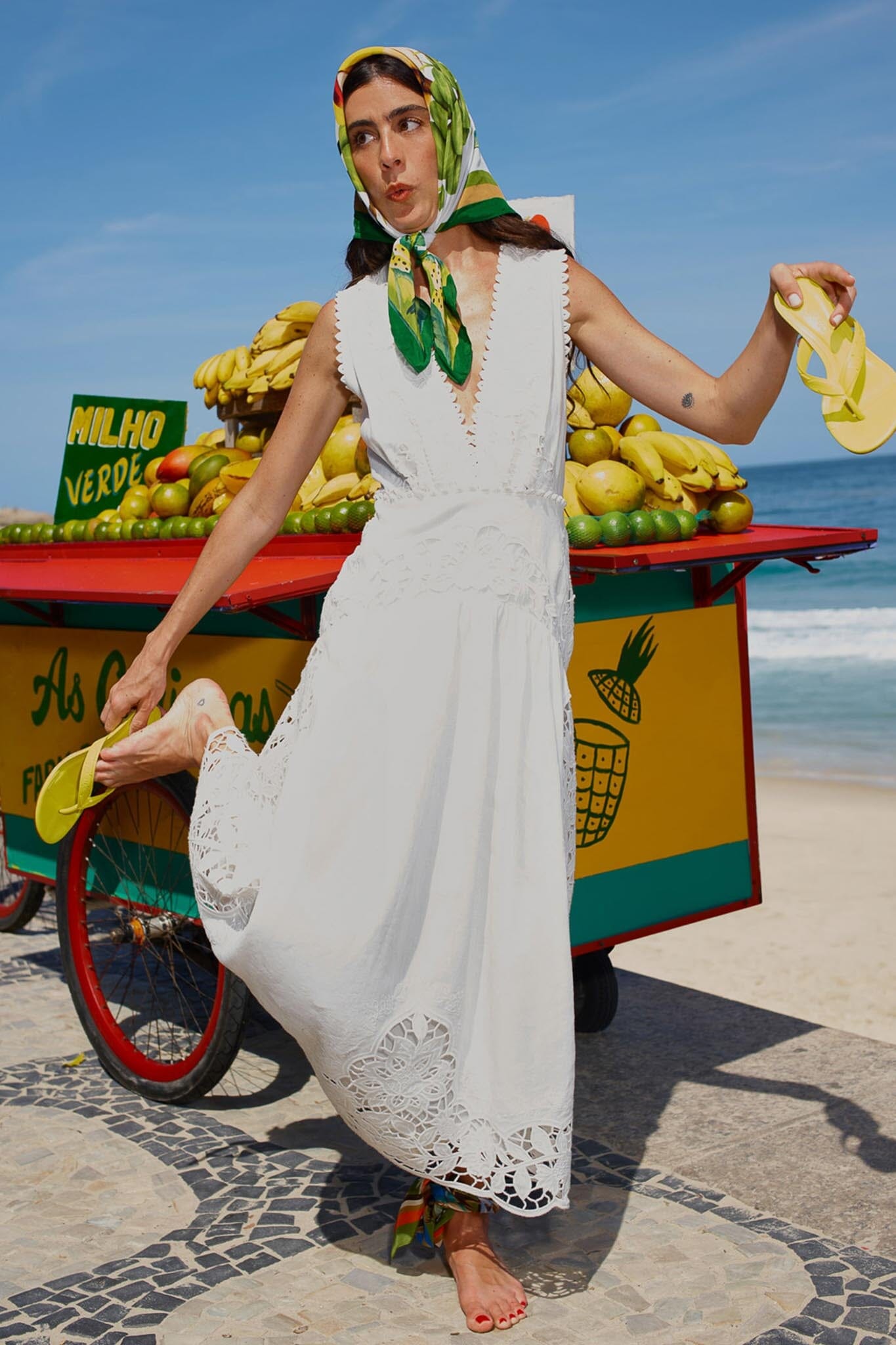 FARM Rio Shop Off-White Richelieu V Neck Sleeveless Midi Dress
