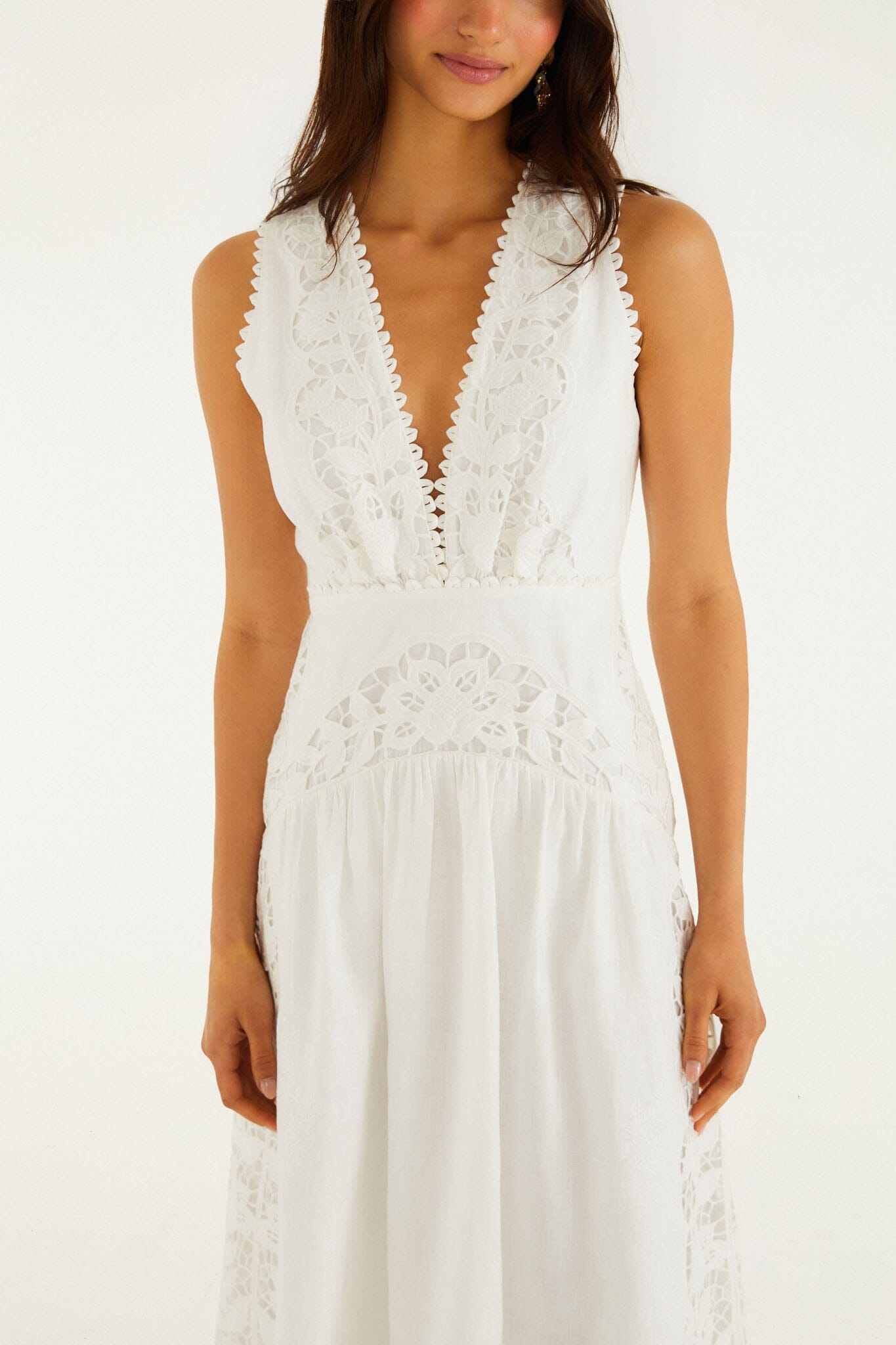 FARM Rio Shop Off-White Richelieu V Neck Sleeveless Midi Dress