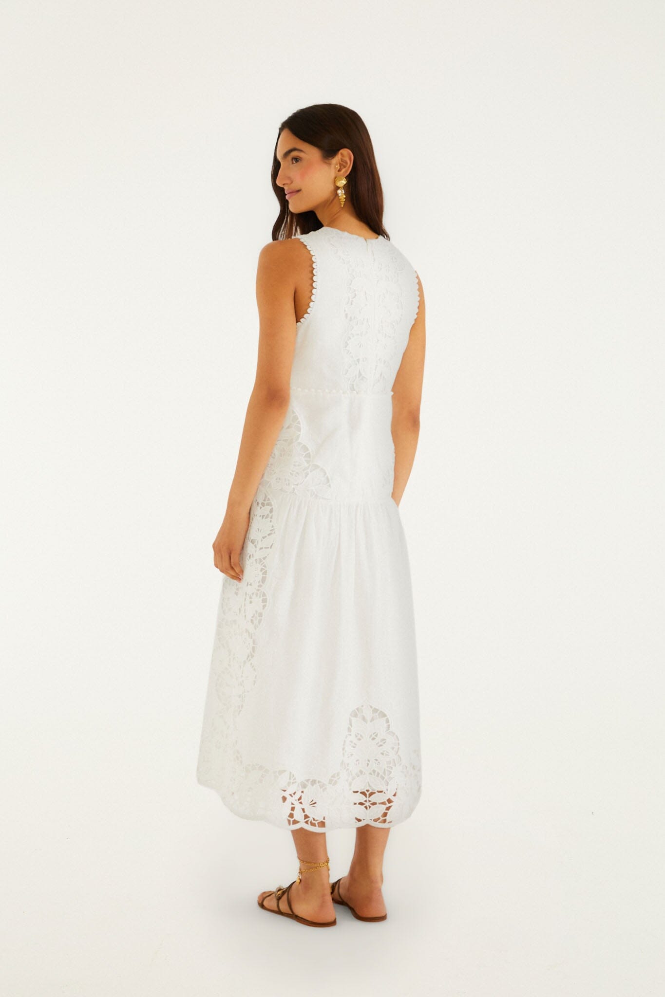 FARM Rio Shop Off-White Richelieu V Neck Sleeveless Midi Dress