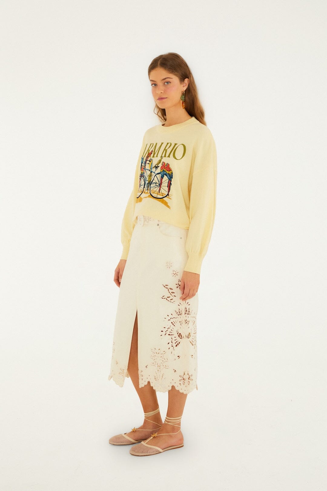 FARM Rio Shop Yellow Birds Bicycle Embroidered Sweater