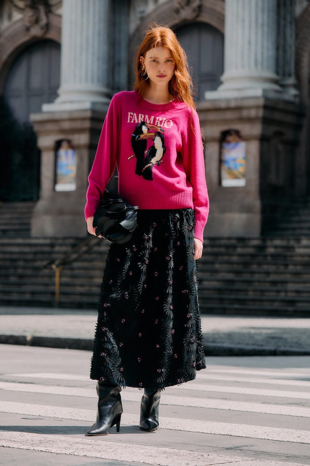 FARM Rio Sale by Type Black 3d Flowers Embroidered Midi Skirt