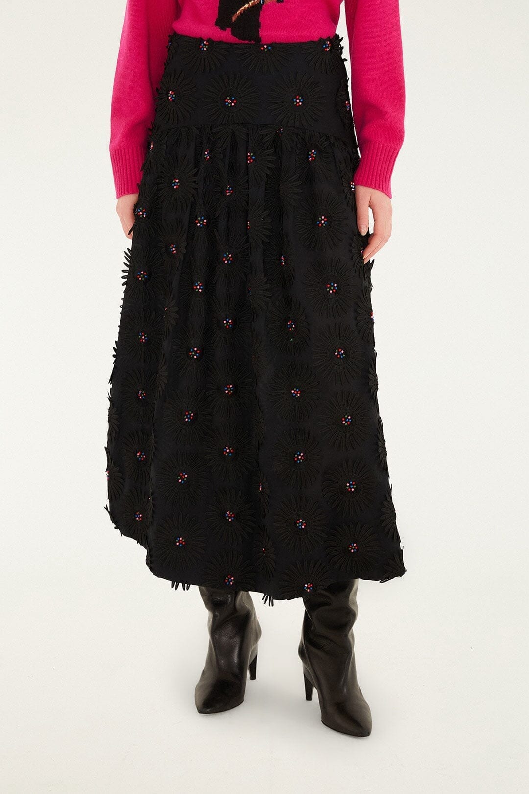 FARM Rio Sale by Type Black 3d Flowers Embroidered Midi Skirt