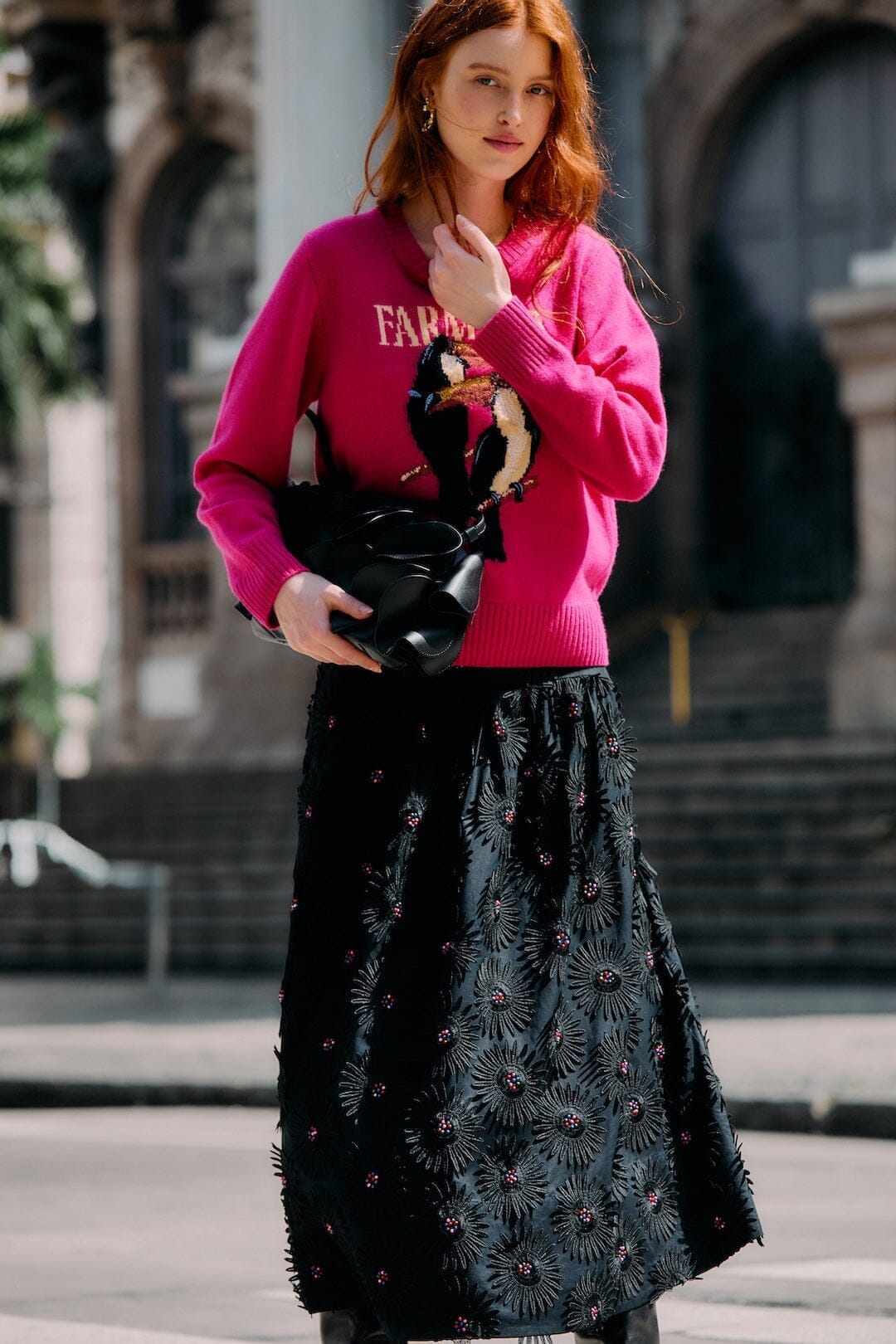 FARM Rio Sale by Type Black 3d Flowers Embroidered Midi Skirt