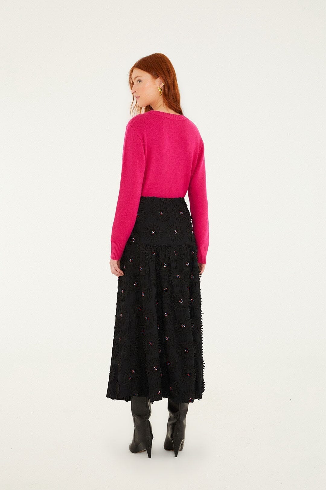 FARM Rio Sale by Type Black 3d Flowers Embroidered Midi Skirt