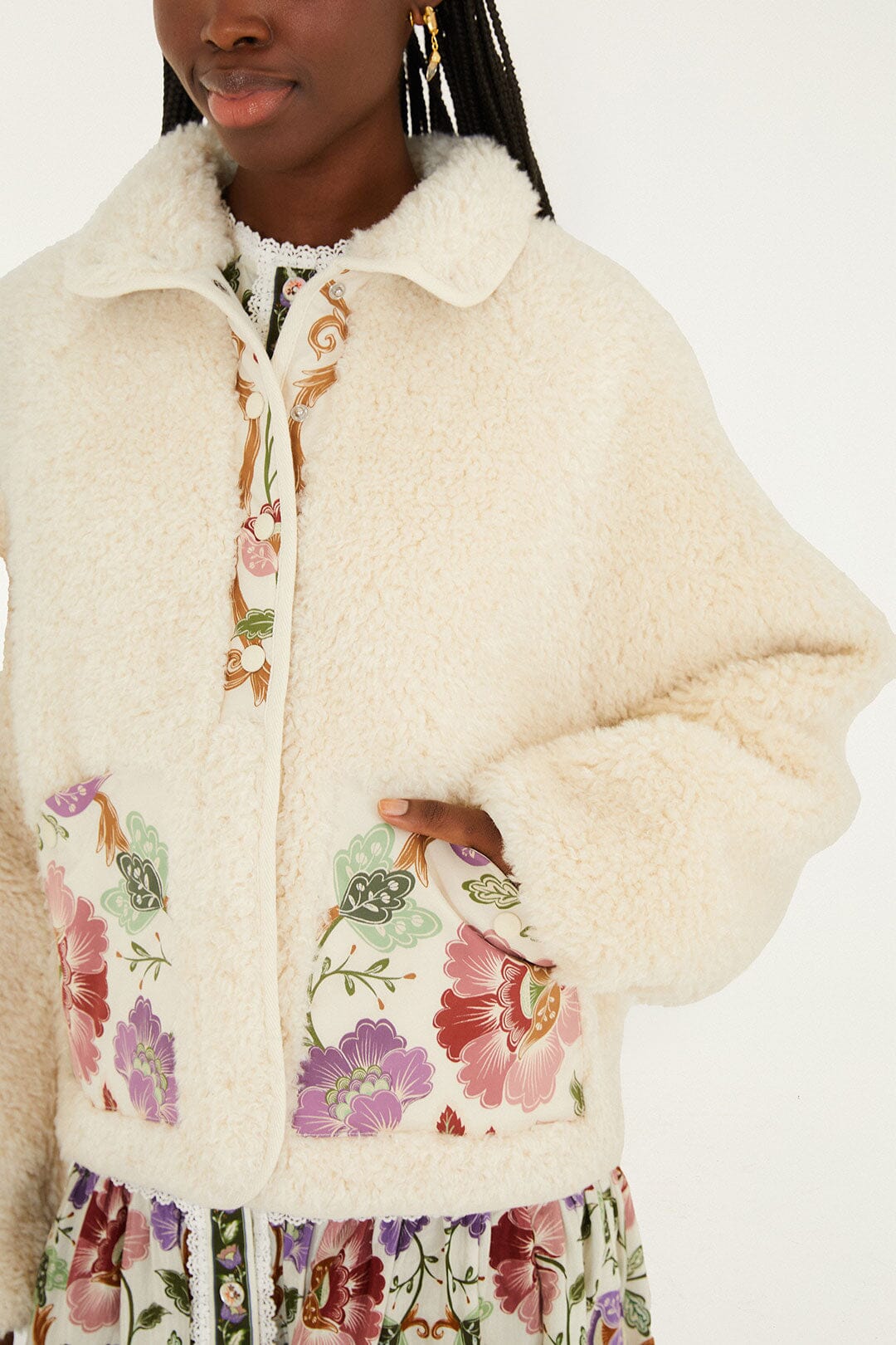 FARM Rio Sale by Type Cream Rococo Flowers Bomber Fleece Jacket