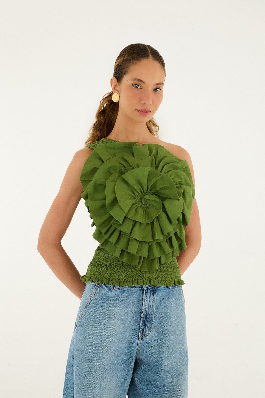 FARM Rio Shop Green One Shoulder Lenzing Ecovero Euroflax Blouse