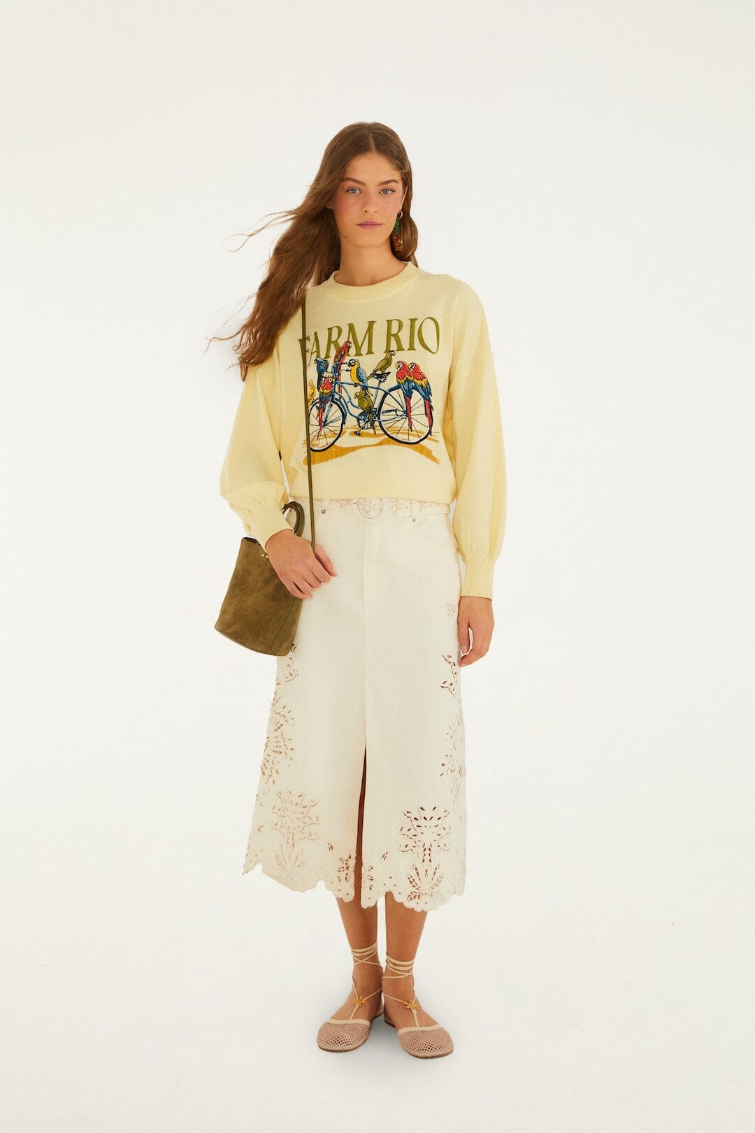 FARM Rio Shop Beige Geometric Richelieu Twill Midi Skirt