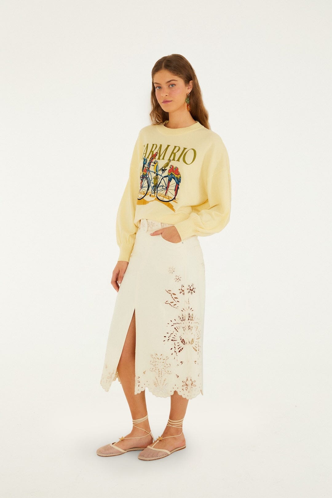FARM Rio Shop Beige Geometric Richelieu Twill Midi Skirt