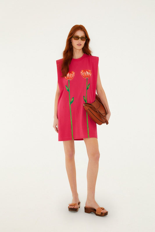 FARM Rio Shop Pink Tropical Rose Padded Shoulders Organic Cotton Mini Dress