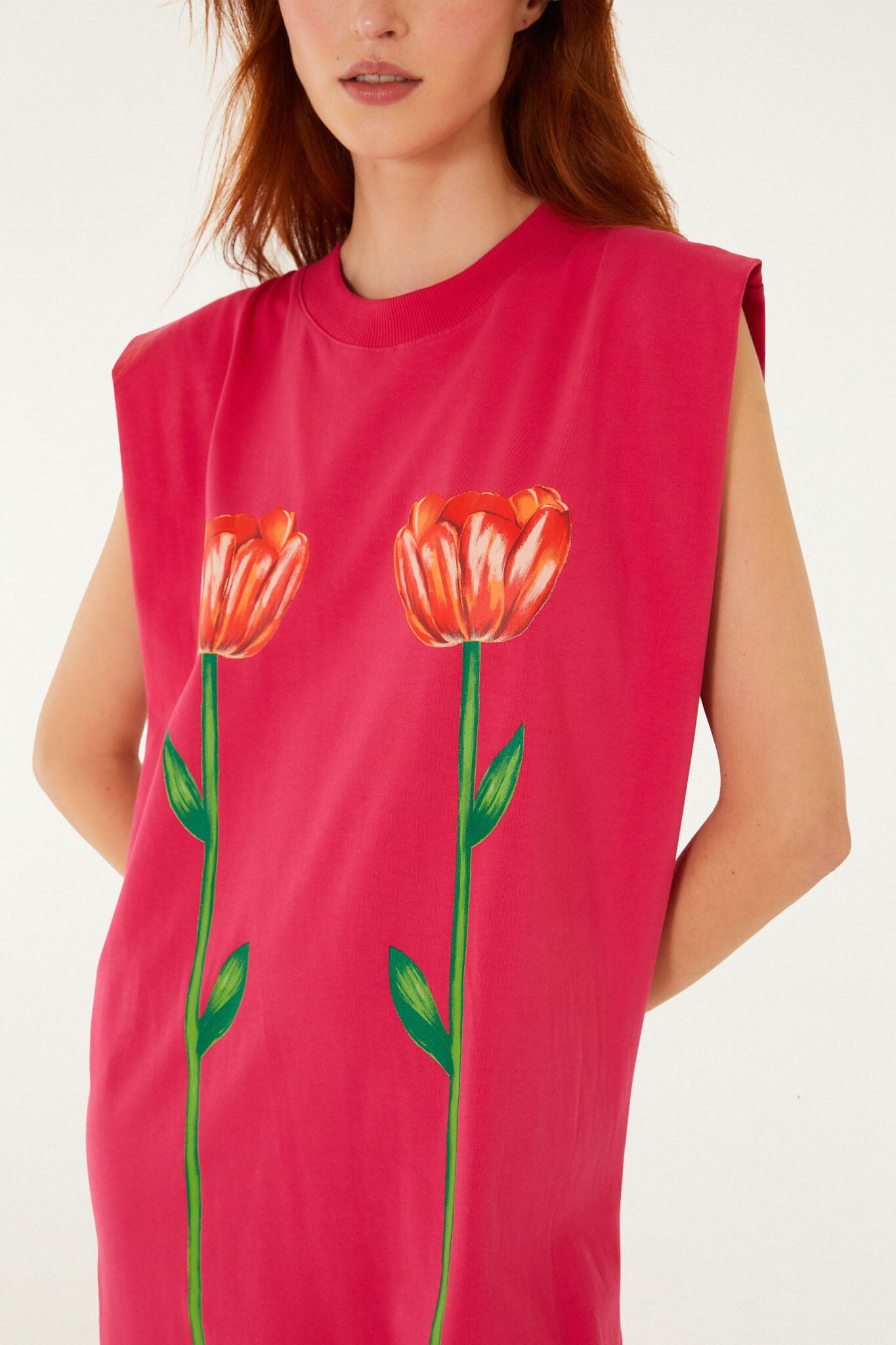 FARM Rio Shop Pink Tropical Rose Padded Shoulders Organic Cotton Mini Dress