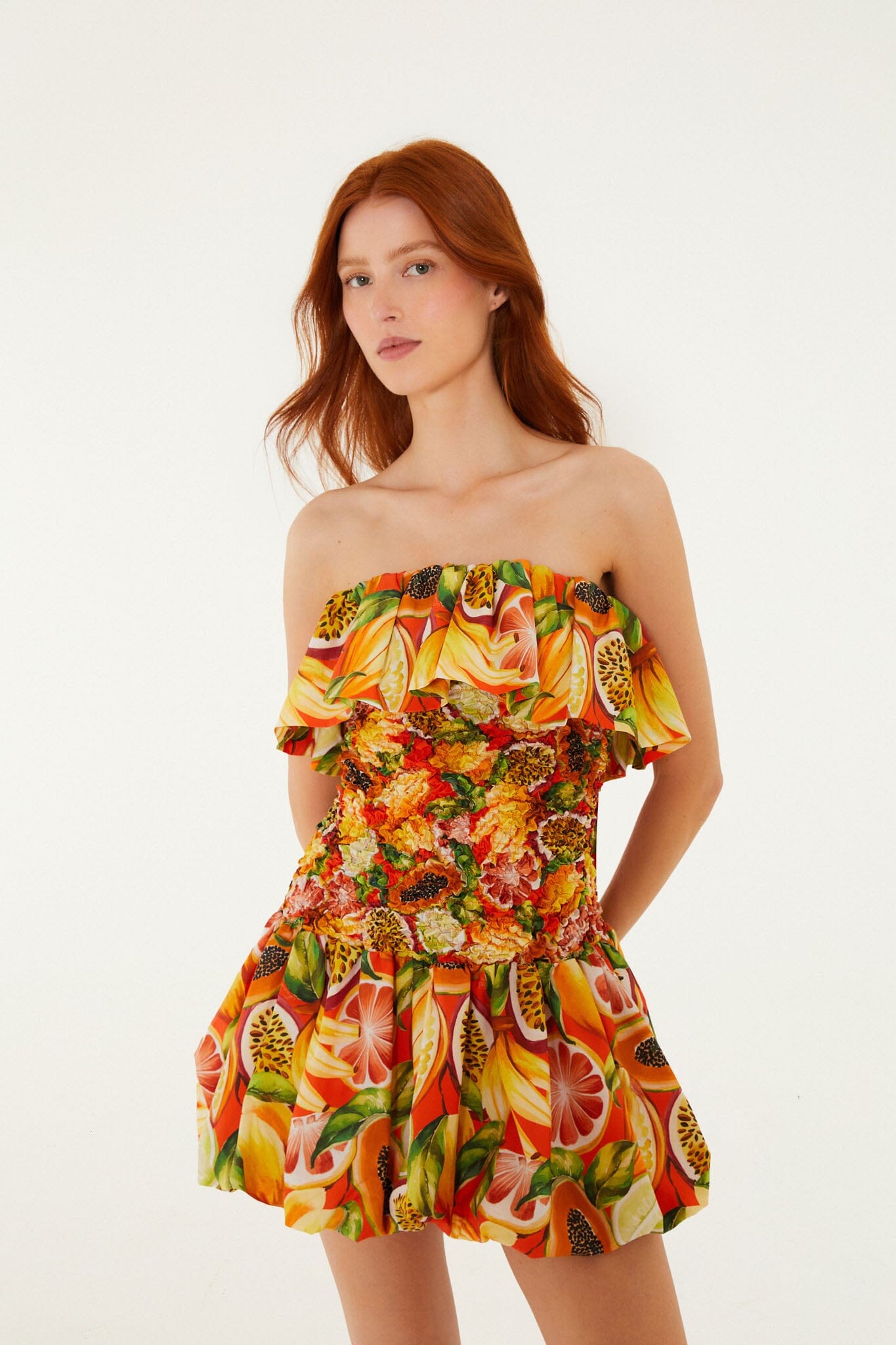 FARM Rio Shop Multicolor Fruit Garden Red Smocked Balloon Mini Dress