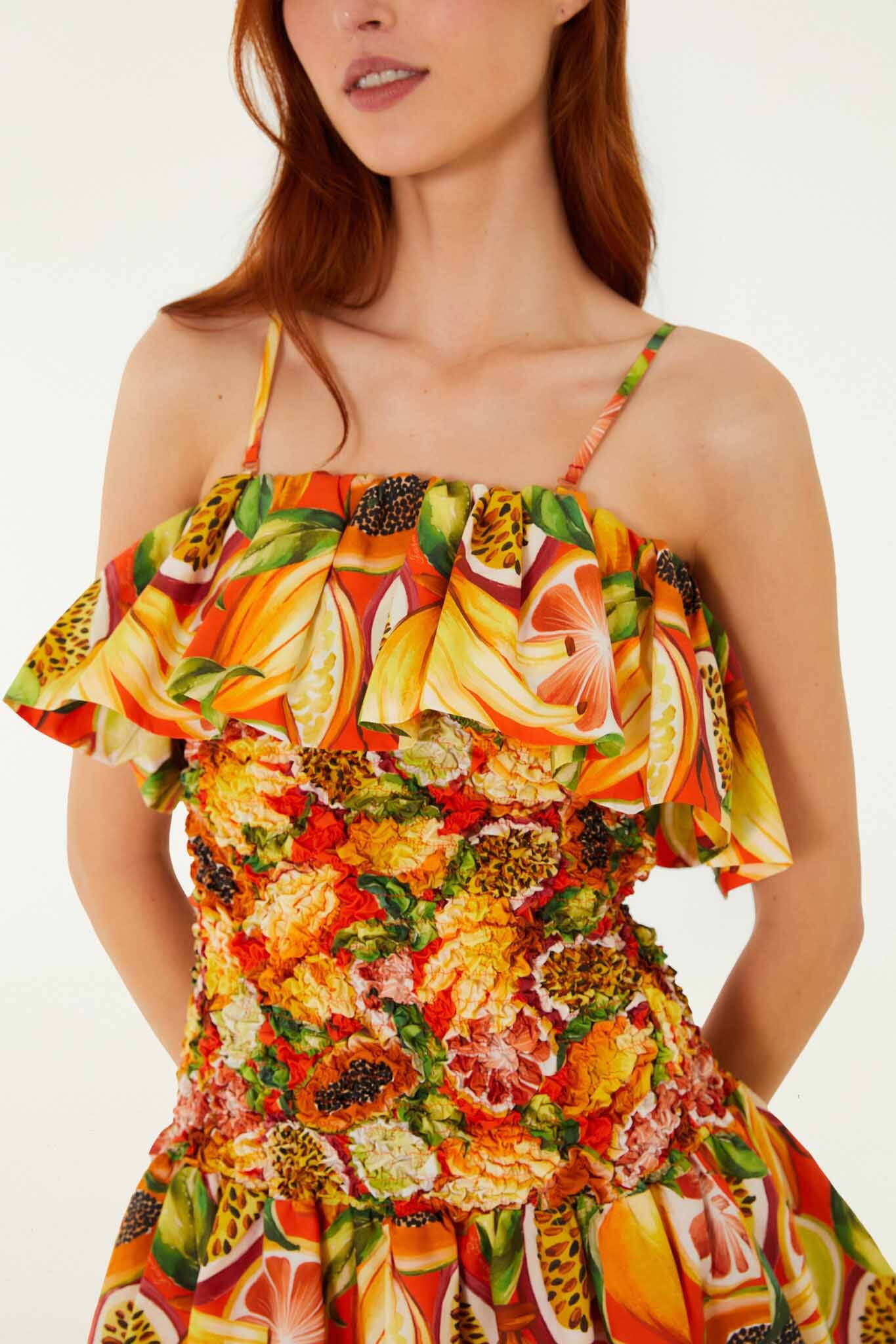 FARM Rio Shop Multicolor Fruit Garden Red Smocked Balloon Mini Dress