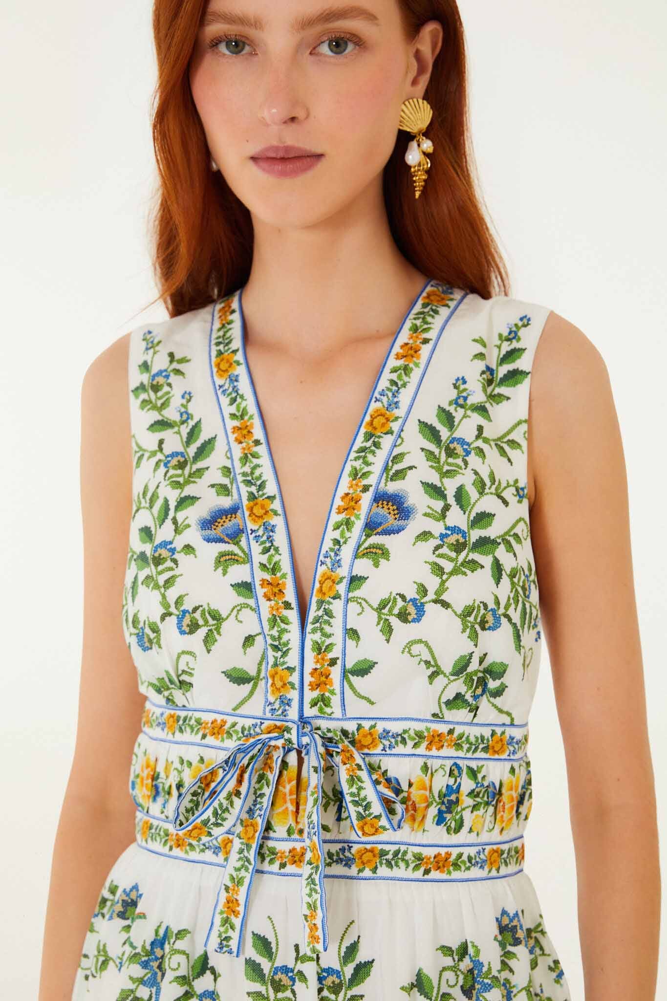 FARM Rio Shop Off-White Emily Floral Tapestry Ruffled Mini Dress