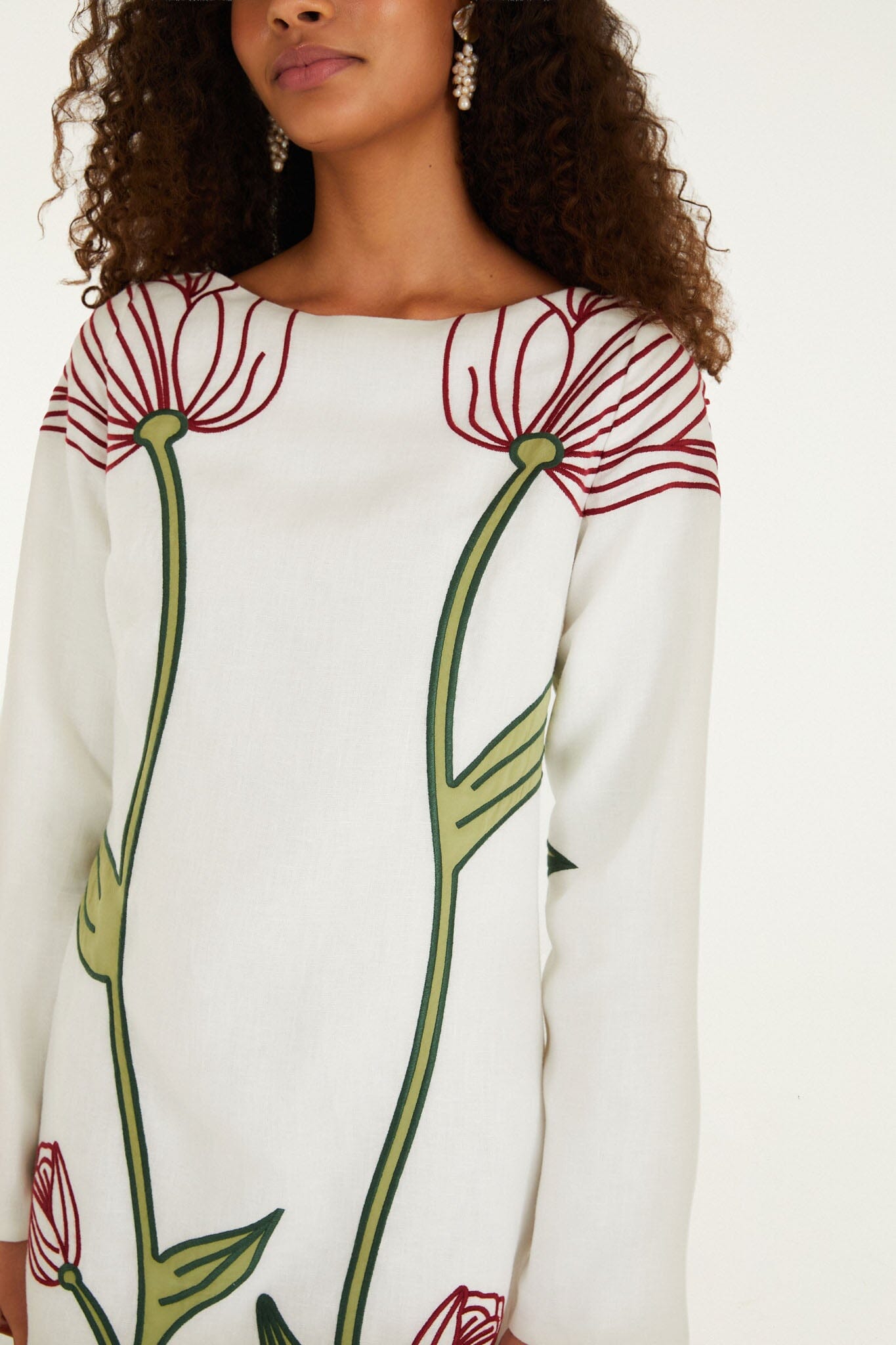 FARM Rio Shop Off-White Flower Embroidered Long Sleeve Mini Dress