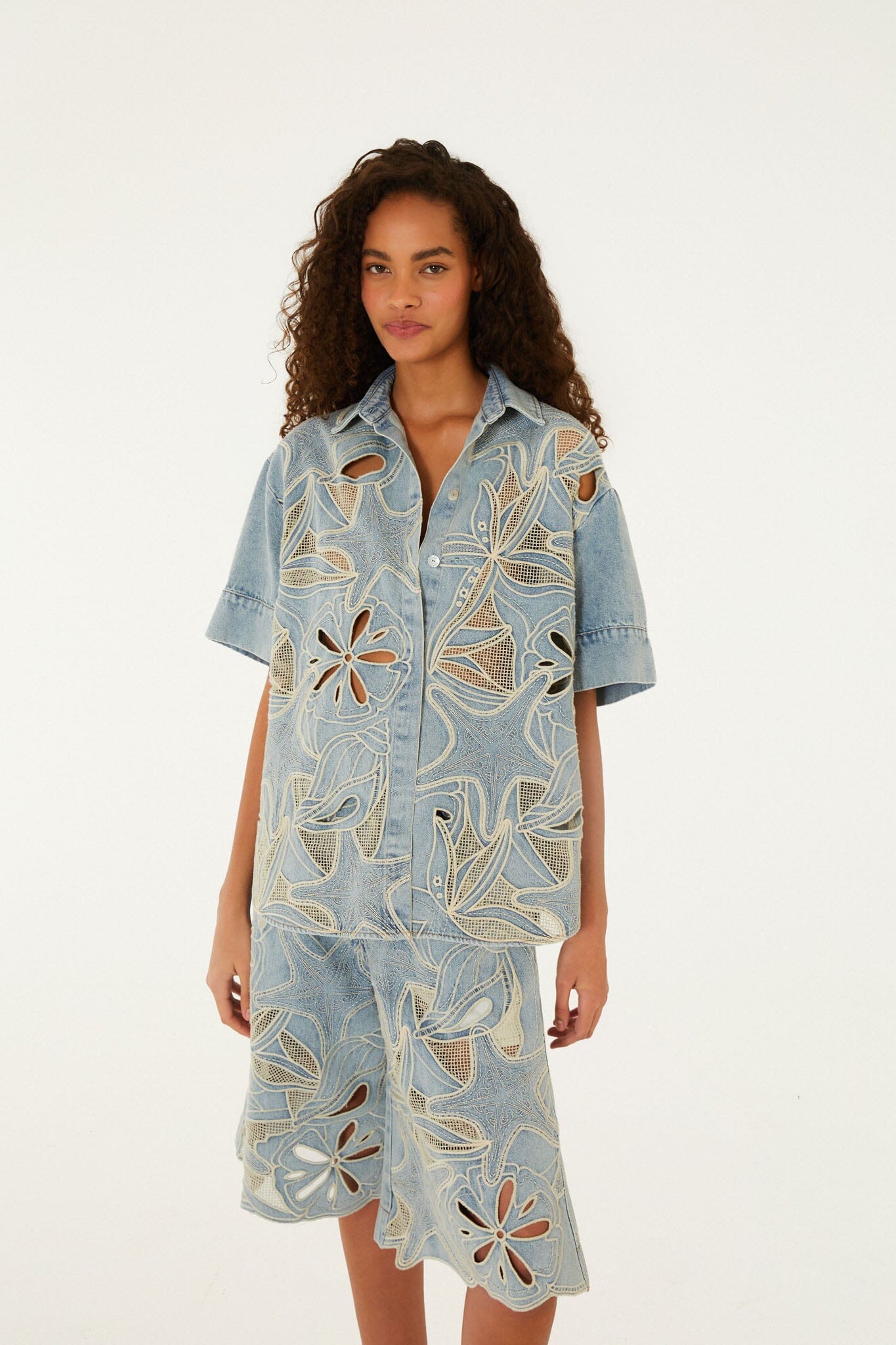 FARM Rio Shop Denim Sea Desire Embroidered Bermuda Shorts